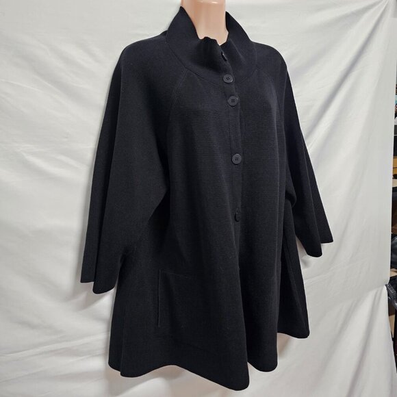 Eileen Fisher Button Up Mock Neck Kimono Jacket Women Size L Black Silk/Cotton - Picture 13 of 13